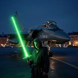 lone jedi looking down on Stockholm, night, green lightsaber!, SAAB 39 Gripen, trending on artstation, hd, wlop, octane render, HDRI, atmospheric