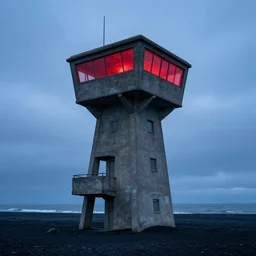 an old robust concrete brutalist observation tower from ww 2 with red light coming from inside. the tower stands in a icelandic beach, black sand beach, blue hour, cloudy day, painted by filip hodas, digital art, award winning, trending on artstation