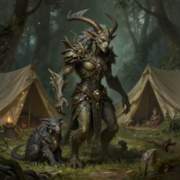 supernatural creature disguised as another creature in a camp, deep focus, d & d, fantasy, intricate, elegant, highly detailed, digital painting, artstation, concept art, matte, sharp focus, illustration, hearthstone, art by artgerm and greg rutkowski and alphonse mucha