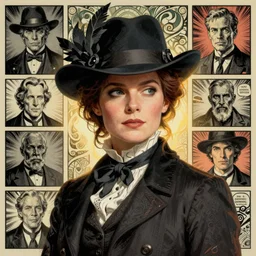 portrait illustration of a female victorian detective, dystopian, detailed, art nouveau, pop art, comic book style. influenced by neil gaiman, h. p. lovecraft, raymond swanland, frank miller, dave gibbons, voitv, eyardt, jordan grimmer.