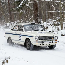 a 1 9 6 6 lotus cortina, racing through a rally stage in a snowy forest