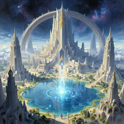 beautiful, paradise, majestic interstellar portal, fortress gateway, huge futuristic temple city, magical sparkling lake, birds eye, vista view, cinematic, peter mohrbacher, vladimir kush, michael whelan, bill stoneham, tsutomu nihei, jane graverol, kay sage, digital art, airbrush, art nouveau, intricate, clear, looming, epic, depth, artstation,