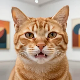 highly detailed closeup portrait of a cool cat, happy smile, ginger fur, with a slight grin, modernistic art installation