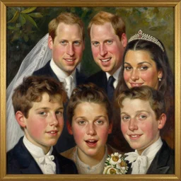 the painting of prince william and bella hadid's royal wedding, art by gaston bussiere, craig mullins, j. c. leyendecker, realistic human faces, smiling faces, royal wedding, england