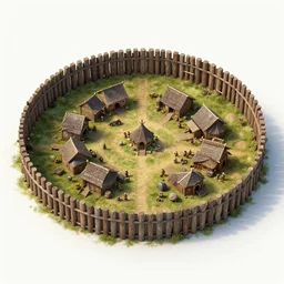 Aerial establishing shot of circular wooden palisade with an orc-village inside