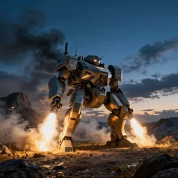 an armored core v by kashin, wadim, booster flares, legs, laser rifles, karst landscape, very smoky, dark blue sky, cloud, wilderness ground, golden time, twilight ; wide shot, digital painting, photoreal, cinematic contrast, dynamic backlighting, sharp edge, motion blur