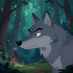 a closeup portrait of the side view of cartoonish anthropomorphic grey wolf is lurking in a mystical forest full of wonders, pine trees, magical atmosphere, wooden house, trending on artstation, 3 0 mm, by noah bradley trending on artstation, deviantart, high detail, stylized portrait