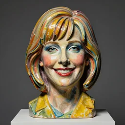 beautiful studio photograph of colorful postmodern portrait sculpture of mary tyler moore smiling, beautiful symmetrical face accurate face detailed face realistic proportions, made of watercolor - painted plaster on a pedestal by ron mueck and matthew barney and greg rutkowski, hysterical realism intense cinematic lighting shocking detail 8 k