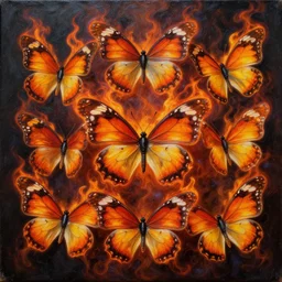 intricate five flaming butterfly, oil on canvas, hdr, high detail, photo realistic, hyperrealism, surrealism, cinematic, matte finish, high contrast, 3 d depth, centered, masterpiece, vivid and vibrant colors, enhanced light effect, enhanced eye detail, artstationhd