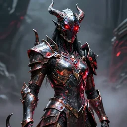 a sci fi quarter - length portrait of a shadow demon wearing ornate armor made of sci fi metal plates, cinematic lighting, high detail, dark fantasy, unreal engine, octane render, by vitaly bulgarov artstation, realistic metal reflections, fog volumes, hard surface character pinterest, vivid red glow, post processing, cgsociety