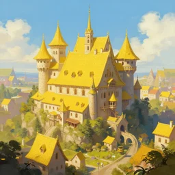 High Fantasy solitary Castle!! Yellow roofs. Joyful matte painting by Darek Zabrocki and Emmanuel Shiu, 4k ultra detailed, great composition cinematic.