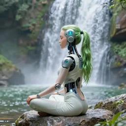 a girl with a long ponytail, she has a chip in her head and she is an android, digital art, 4 k, trending on artstation, hdr, soft focus, depth of field, serene waterfalls in the back, she is meditating on a rock, her hair is green
