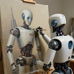 robot painting a robot on canvas, intricate, highly detailed, photorealistic, film still, by carl spitzweg