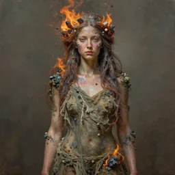 oil portrait | character | full medium shot | front close - up | dressed in long rags with minerals, fire in your hair, ethereal, accurate goddess, tiny mineral embellishments on the face, particles, octane render, aertstation, fine art, intrincate. by peter mohrbacher, marc simonetti, anna podedwor