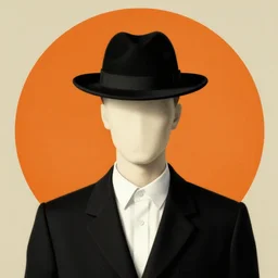 a faceless man wearing a white shirt, black suit and a black hat. behind him there is a perfect orange circle. Rene Magritte style. detailed. analog. Surrealism.