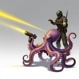 octopus with laser gun fights pubg soldier in pubg helmet, yellow laser beams, art by greg rutkowski, artgerm alphose mucha, featured on cgsociety, altermodern, concept art, speedpainting, official art, sharp focus, detailed, illustration, intricate linework, unreal engine 5, radiant light, detailed