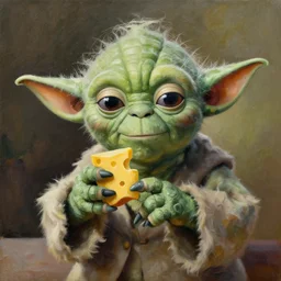 Yoda eating cheese oil painting