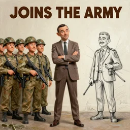 Mr Bean Joins The Army (1999), movie poster painting by Grant Wood, 3D rendering by Beeple, sketch by R. Crumb H 640