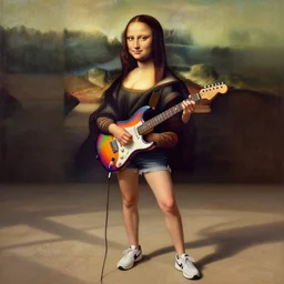 a young woman wearing shorts and sneakers playing a colorful electric guitar!, looks like mona lisa, sharp focus, hyper realistic, centered, extremely detailed, long shadows, wide shot!, a painting by leonardo da vinci
