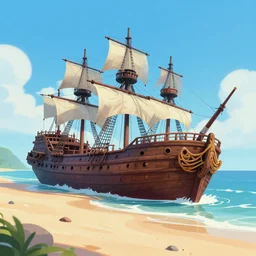 a beach with the wreckage of a pirate ship, at midday, from a fantasy point and click 2 d graphic adventure game, art inspired by king's quest 6, sierra entertainment games, colorful landscape painting
