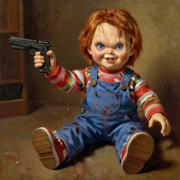 the doll chucky playing this role of indiana jones, oil painting, by greg rutkowski