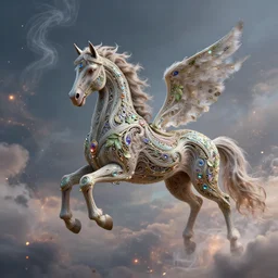 a beautiful magestic pegasus made of magical elven intricate biomechanical terndrils and leaves and feathers and gemstones flying through a mystical sky of incence smoke and glowing embers and clouds, by George Stubbs, by donato giancola, by amanda sage, by beeple, particle effects, intricate detail, trending on cgsociety, trending on artstation, 8k 3d, high definition