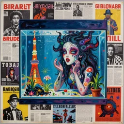 acrylic painting of a bizarre nightmare woman in front of an aquarium in tokyo, mixed media collage by basquiat and jackson pollock, maximalist magazine collage art, retro psychedelic illustration, 1 9 5 0 s