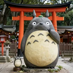 shinto shrine statue of totoro in a wooden shrine