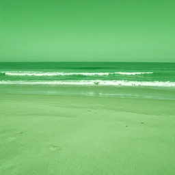 photography of a beach, green sand, green ocean, green sky