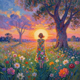 girl made from surreal flowers, standing in flower field, big trees, sunrise dramatic light, impressionist painting, colorful clouds, digital painting, pointillism, artstation, simon stalenhag