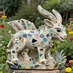 mosaic sculpture of a alebrije chimera!!!, irregularly shaped mosaic tiles, recycled pottery shards, in the style of folk art, in a cottagecore flower garden