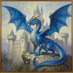 Oil painting of an azure-coloured dragon in the castle