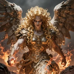 digital art of a pale menacing Angel of Battle with long blond curls of hair and piercing eyes, johan liebert mixed with Dante, central composition, he commands the fiery power of resonance and wrath, very very long blond curly hair with bangs!!!, baroque curls, by Ross Tran Rossdraws and WLOP, Artstation, CGsociety