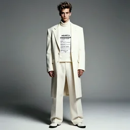 photo in the style of 2 0 0 0, studio photography, stylish hairstyles, clothes in the style of 1 9 9 0, fashion photography, vogue, high detail, perfect face model, full length photo, fashion style clothes from maison margiela, off - white, forbiddenkn 0 wledge, knwls, photography style by photographer conor cunningham