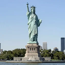 A giant 46-meter tall Jennifer Lawrence, standing on a pedestal on Liberty Island, New York harbour