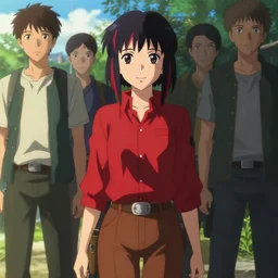 makoto shinkai, artgerm, yoji shinkawa, ilya kuvshinov, beautiful anime woman, wearing full clothing, red shirt brown pants, clockpunk, black and red hair hair, symmetrical face, symmetrical eyes, full round face, short smile, detailed, summer setting, cinematic lighting