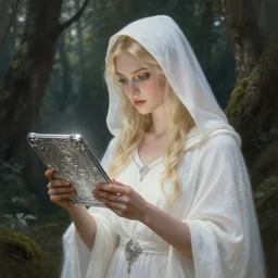 the goddess of memory recording history on a fantasy silver tablet in a forest, white hood, white dress, blonde, fantasy, magical, realistic, spiritual, supernatural, detailed and intricate, elegant, majestic, highly detailed, painting, trending on artstation, drawn by wlop, 4 k octane render