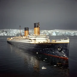 rare photograph of the titanic sinking into the water, half submerged, 4 5 degree angle, glaciers in the background, edwardian photo, historic, debris in the water, shot from afar, very grainy, blurry, damaged, dramatic, tragic, night - time, 1 9 0 0, 1 9 1 0 s