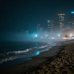 beach at night un cyberpunk style, high detail, dense fog, hyper realistic,