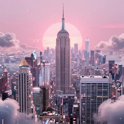 a futuristic new york city in shiny crystalline, octane render, clouds : 3, pink sun : 3, in the style of sahm : 2