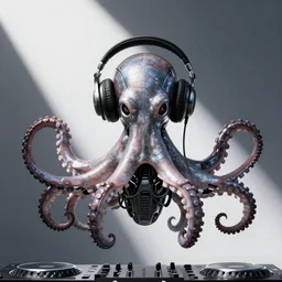 cyborg octopus dj in headphones, digital art, minimalism