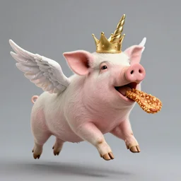 studio photograph of a happy pig flying with wings with a unicorn horn depicted as a muppet wearing a gold crown eating pork rind snacks