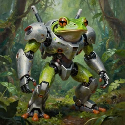 a robotic anthropomorphic humanoid tree frog mecha posing in a jungle, moebius, gundam, national geographic, 4 k, 8 k, highly detailed, sharp, oil on canvas