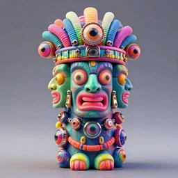 photo of an opalescent claymodel of a multicolored trippy steampunk tiki with three faces, wearing a aztec helmet with multicolored irisdiscent tubes and shiny metallic devices, 3 d render, crisp, 8 k, fluorescent colors, insanely integrate