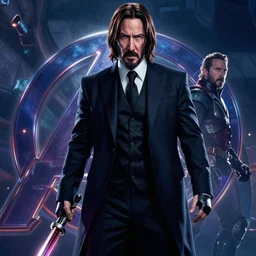 john wick with the avengers, dramatic, epic, cinematic, key moment, lighting effects