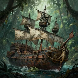 the old wreckage of a legendary pirate ship, a magical treasure protected by a mythical creature, dense tropical jungle, digital painting, trending on artstation, concept art, matte painting, highly detailed, art by greg rutkowksi, craig mullins
