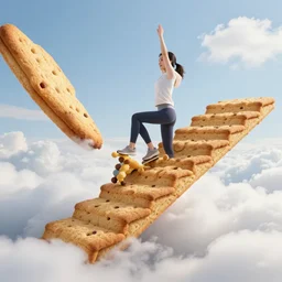 woman climbing stairs that are made of cookies over the clouds