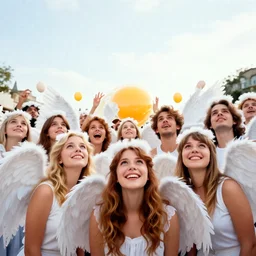 10,100 humans wearing angel costumes. they look up at the sky. they look at the viewer in joy. there is egg yolk in the middle of the crowd. | sacral