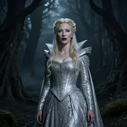 portrait of ((mischievous)), baleful Cate Blanchett as Galadriel as a queen of fairies, dressed in a beautiful silver dress. The background is a dark, creepy eastern europen forrest.  night, horroristic shadows, high contrasts, lumnious,  photorealistic, dreamlike, (mist filters), theatrical, character concept art by ruan jia, thomas kinkade, and J.Dickenson, trending on Artstation