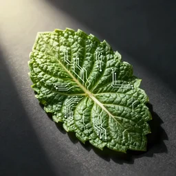 a digital leaf of mint with circuit board paths instead of veins